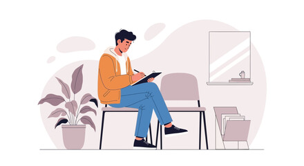 Man Waiting Patiently Completing a Form in a Bright Waiting Room
