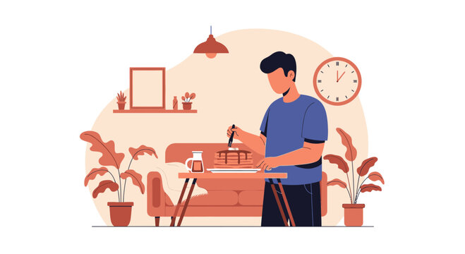 Man Spreading Butter On Stack Of Pancakes At Living Room In The Morning