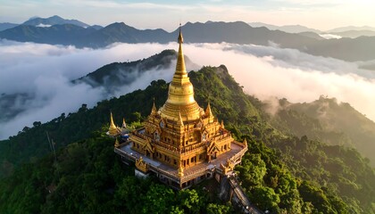 Golden temple on misty mountain peak