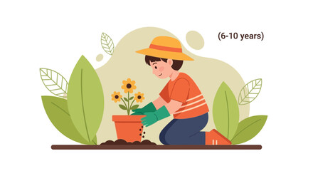 Happy Young Boy Enjoying Gardening Planting Flowers Outdoors Illustration