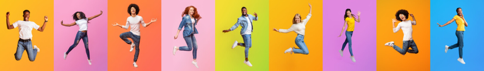 A collage featuring diverse individuals joyfully jumping against colorful backgrounds. Each person...