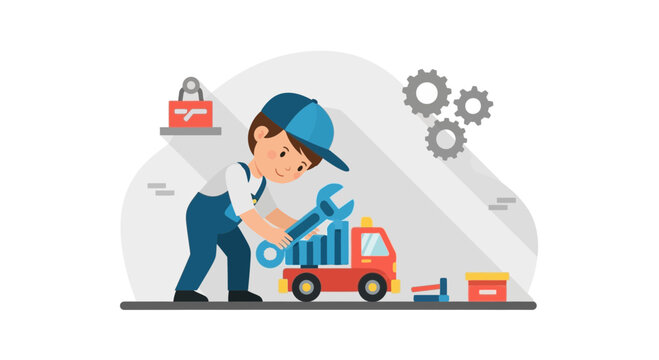 Illustration Of A Boy Fixing A Toy Truck Promoting Career Learning Early Age