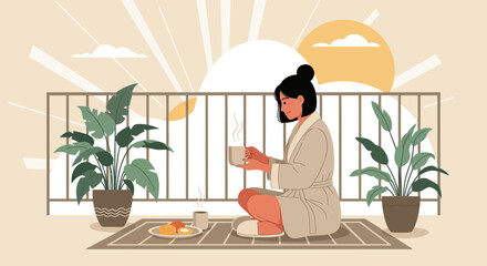 Fototapeta premium Peaceful Morning: Woman Enjoying Coffee and Breakfast on a Sunny Balcony