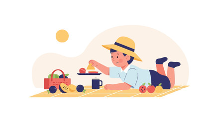 Picnic Time With Fruits For A Little Boy In Vector Illustration