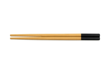 Pair of wooden chopsticks with black tips lying horizontally on a transparent background, ready for use in asian cuisine