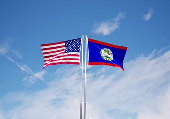 flags of  belize and United States of America over blue sky background.