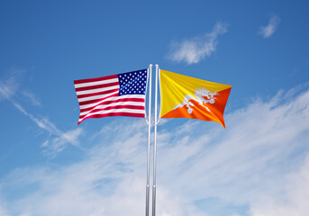 flags of  bhutan and United States of America over blue sky background.