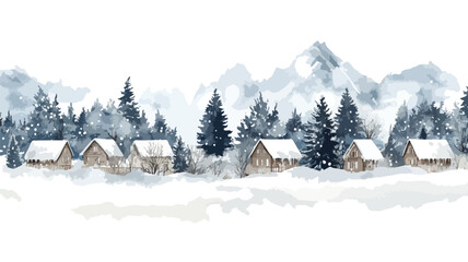 Winter Village Watercolor Scene Border