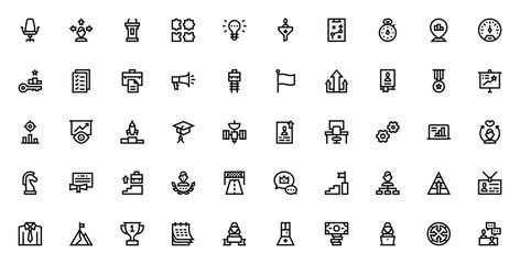 Career Advancement icon set. Business vector icons pack. Includes symbols for success, strategy, goal, trophy, skills, interview, promotion, leadership and more. Editable stroke.