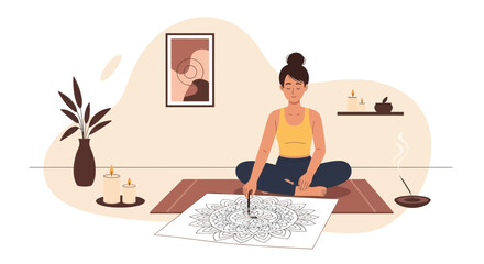 Obraz premium Serene Woman Creating Mandala Art In Relaxing Home Studio Environment