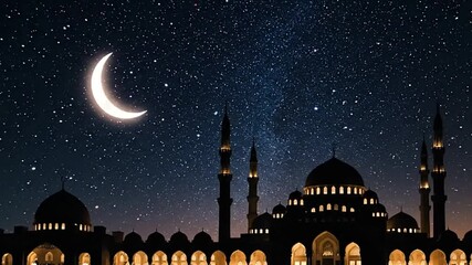 A crescent moon shines over a silhouetted mosque against a starfilled night sky