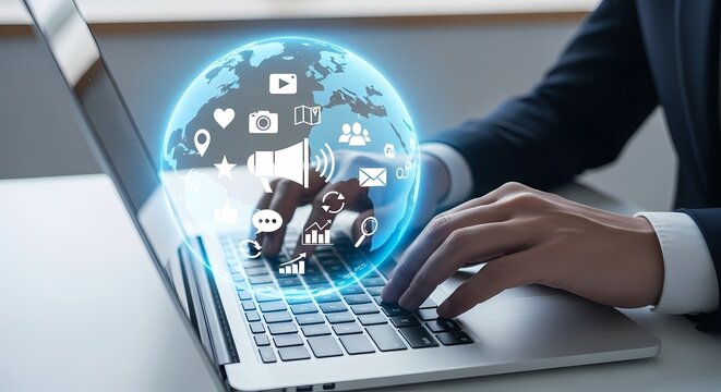 Businessman using laptop with social media icons digital illustration