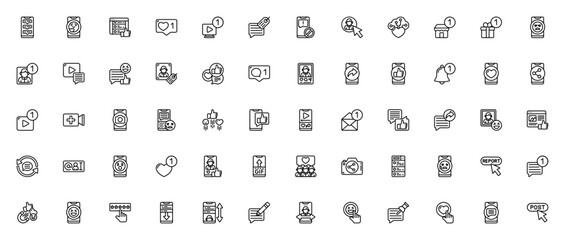 Social Media Interactions icon set. Vector icons pack for Mobile, Love, Browser, Notification, Message, Profile, Video, Share, Like, and more. Editable thin line web symbols.