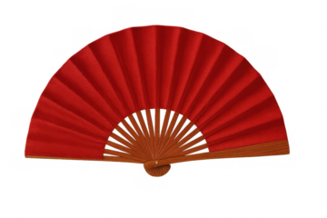Red handheld folding fan resting on a transparent background, showcasing a vibrant and elegant design infused with cultural charm