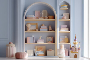 whimsical childrens bookshelf filled with enchanting fairy tale figurines creating magical atmosphere