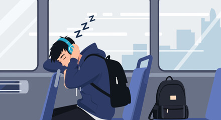Fototapeta premium Snoozing Commuter: A Young Man Asleep On Public Transit With Cityscape View