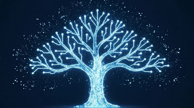 A glowing blue tree is composed of electronic circuits on a dark blue background