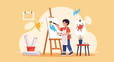 Fototapeta premium Young Artist Expressing Creativity And Imagination On Canvas Painting Hobby