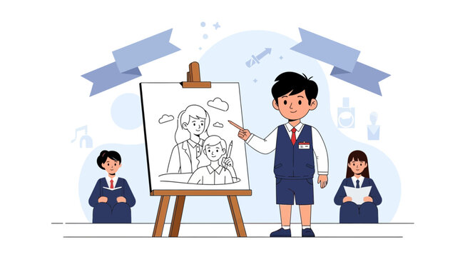 Student Explaining His Drawing To Other Students In An Art Class