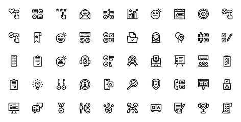Survey icon set. Minimal vector icons pack. Includes symbols for rating, review, customer service, questionnaire, feedback, research, data, analysis and more. Editable stroke.