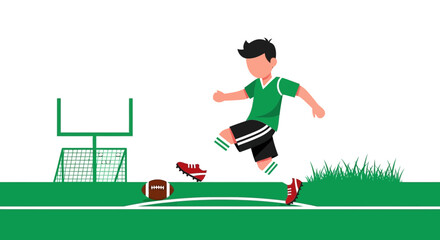 Fototapeta premium Young Athlete Practicing American Football Kicks On The Field With Goal Post
