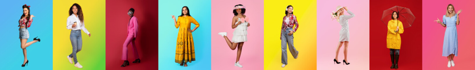 A collection of individuals from various backgrounds display colorful outfits and diverse styles...