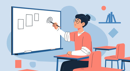 Fototapeta premium Teacher Explaining Chart Concepts on Whiteboard Inside Classroom Illustration