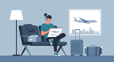 Traveler At Airport Lounge Drawing Plane Ready For Journey Illustration