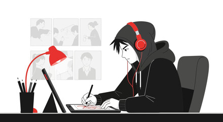Young Digital Artist Creates Storyboards With Graphic Tablet And Headphones On