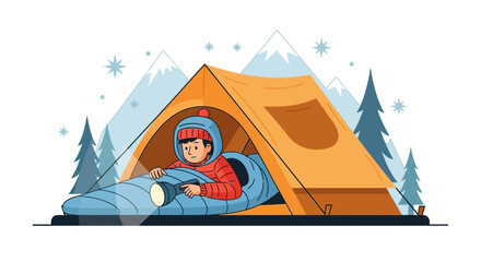 Winter Adventure Cartoon Illustration Of A Young Explorer In A Sleeping Bag