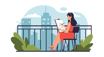 Woman Draws On Balcony Overlooking City Skyline In Artistic Flat Vector Style