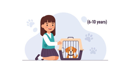 Young Girl Introduces New Puppy Crate Training In Happy Environment