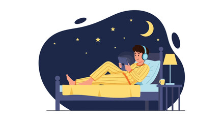 Young Man Relaxes in Bed at Night with a Tablet and Headphones