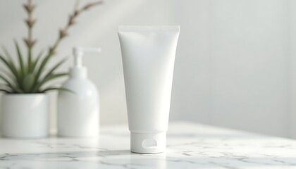 White Cosmetic Tube on Marble Surface with Soft Lighting
