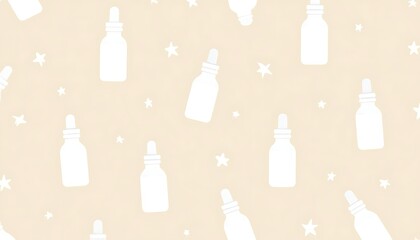 White Dropper Bottles on Creamy Background Seamless Pattern Design
