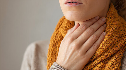 A close-up image of a woman experiencing a sore throat, with her hand gently touching her neck in discomfort. She is wearing a cozy orange scarf, emphasizing a chilly environment. 