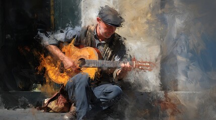 street musician playing guitar, his notes visualized as energetic brush patterns, walls around him turning into oil-textured canvas, emotional urban expressionism 