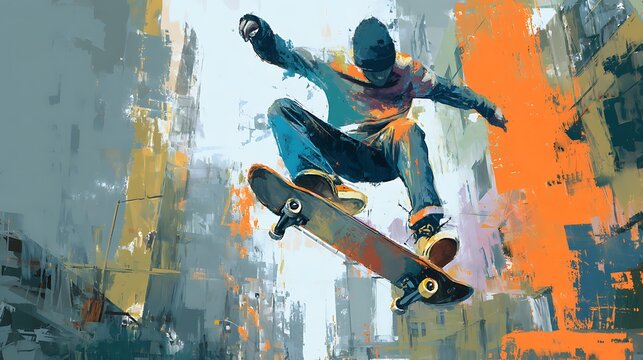 skateboarder jumping in alleyway, his body partially composed of abstract acrylic strokes, city background simplified to neutral tones, powerful street movement - Powered by Adobe