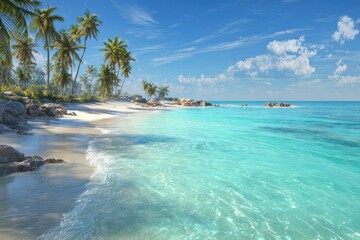 Tropical beach paradise idyllic shore, turquoise water, palm trees, sunny sky. Vacation postcard