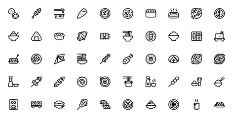 Japanese food icon set. Minimal vector illustrations. Includes sushi, ramen, tempura, bento, miso, tofu, yakitori, matcha, onigiri, udon, gyoza, sashimi, takoyaki and more. Editable stroke.