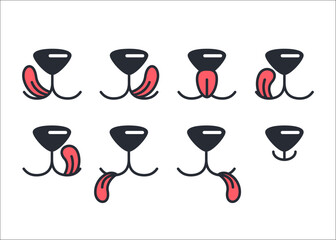 Vector Dog Face Design Elements, Different Emotions. Dog Mouth, Tongue, Nose Isolated. Dog or Cat Face with Closed and Opened Mouth Icons Closeup Set, Collection for Vet Logo, Emblem, Pet Care, Canine