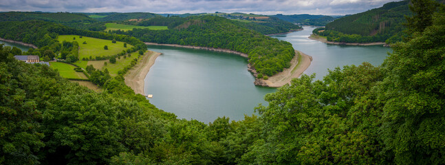 View and lookout above the Upper Sure reservoir near Esch‑sur‑S&ucirc;re in northern Luxembourg.