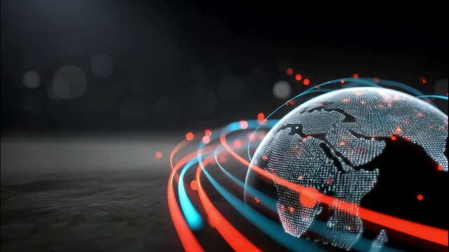 Globe with data streams converging, on dark background. A dynamic graphic representation. Global networking, digital transformation, big data. - Powered by Adobe