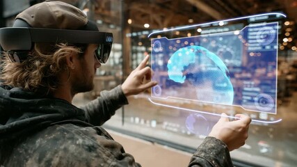 Contractor in AR headset sculpts holographic remodel — slow dolly‑in close tracking as a blue‑glow 3D interface hovers against a warm industrial interior - Powered by Adobe