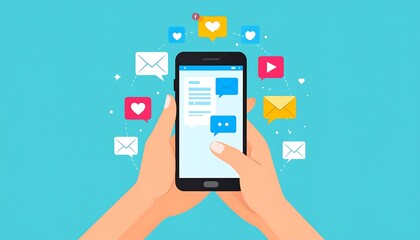 Hands holding a smartphone displaying social media notifications and icons floating around the device