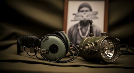 Vintage headphones and a miner's lamp are placed near a faded photograph.