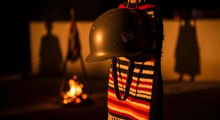 A military helmet hangs on a pole, adorned with a colorful textile, with a bonfire burning.