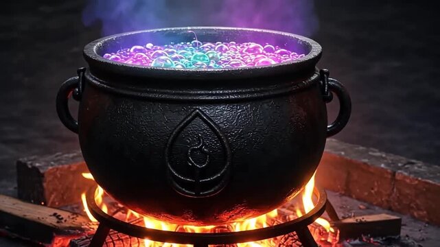A magical cauldron bubbles over flames, glowing with vibrant colors.