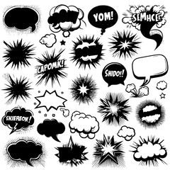 Comic Whispers in Black & White, A playful collection of black-and-white comic-style speech bubbles and effects
