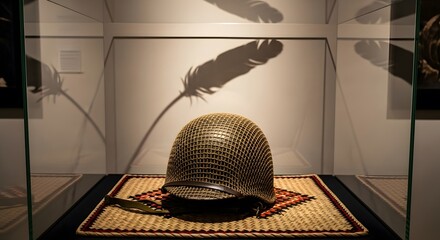 An army helmet sits on a woven mat inside a glass display case, with the shadow of a feather projected on the back wall.